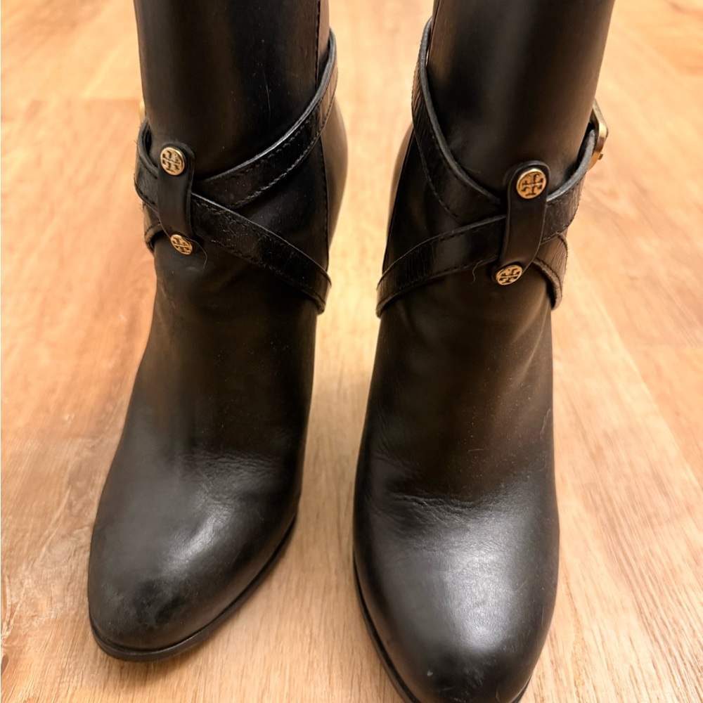 Tory Burch Black Leather Mid-Calf Boots with Gold Logo Studs